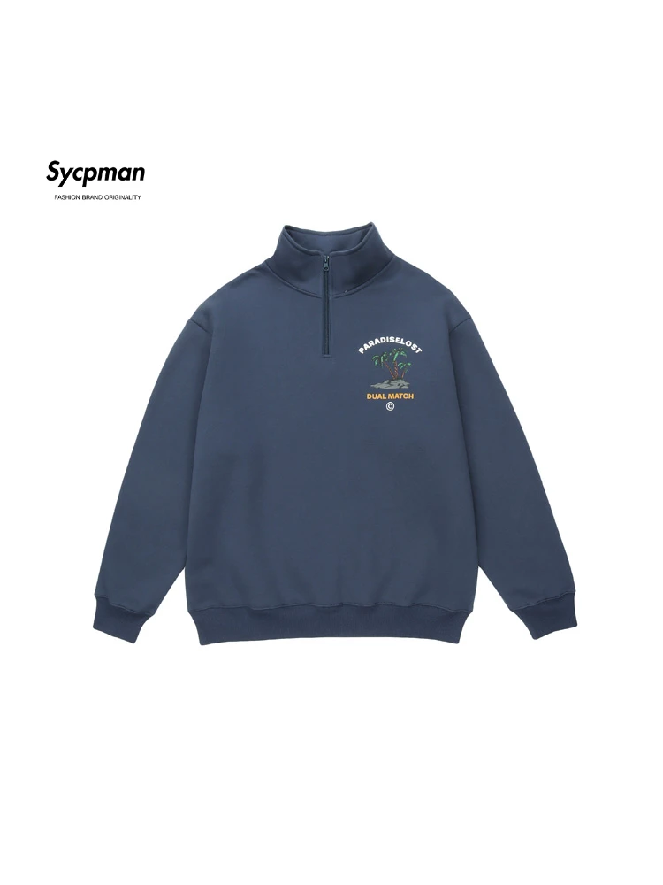 

Sycpman Coconut Tree Printed Fleece Stand Collar Half Cardigan Sweater for Men and Women Autumn Oversized Loose Sweatshirt