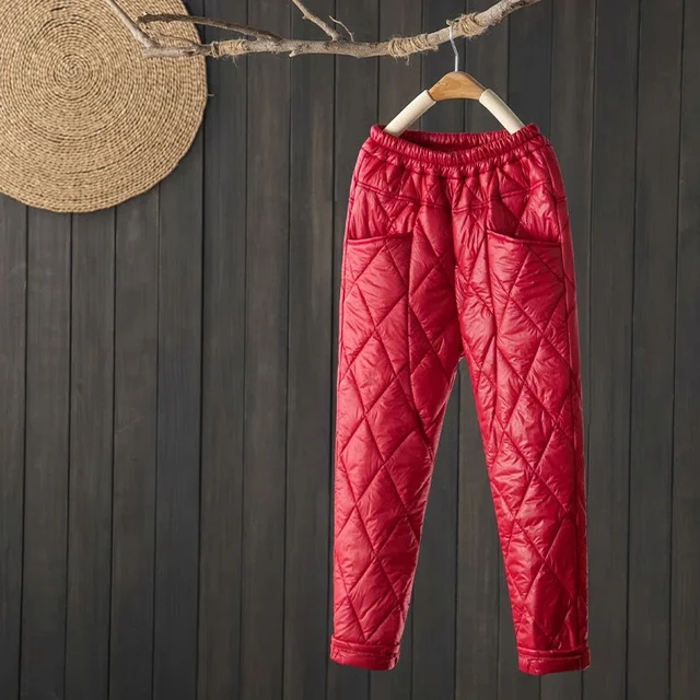 Pantaloni della tuta in piuma d'anatra ultraleggeri caldi invernali nuovi pantaloni elastici in cotone larghi a vita alta da donna pantaloni dritti di base da neve 2