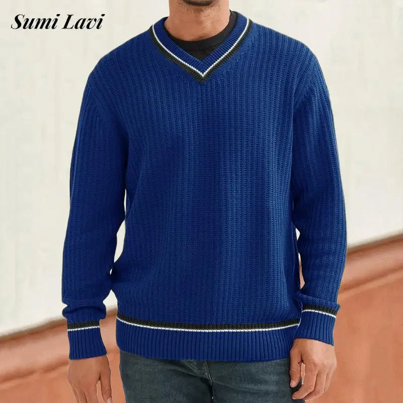 

Streetwear Mens Sweater Fashion Patchwork Striped Jacquard Knitted Jumper Tops For Men Winter Casual Long Sleeve V Neck Sweaters