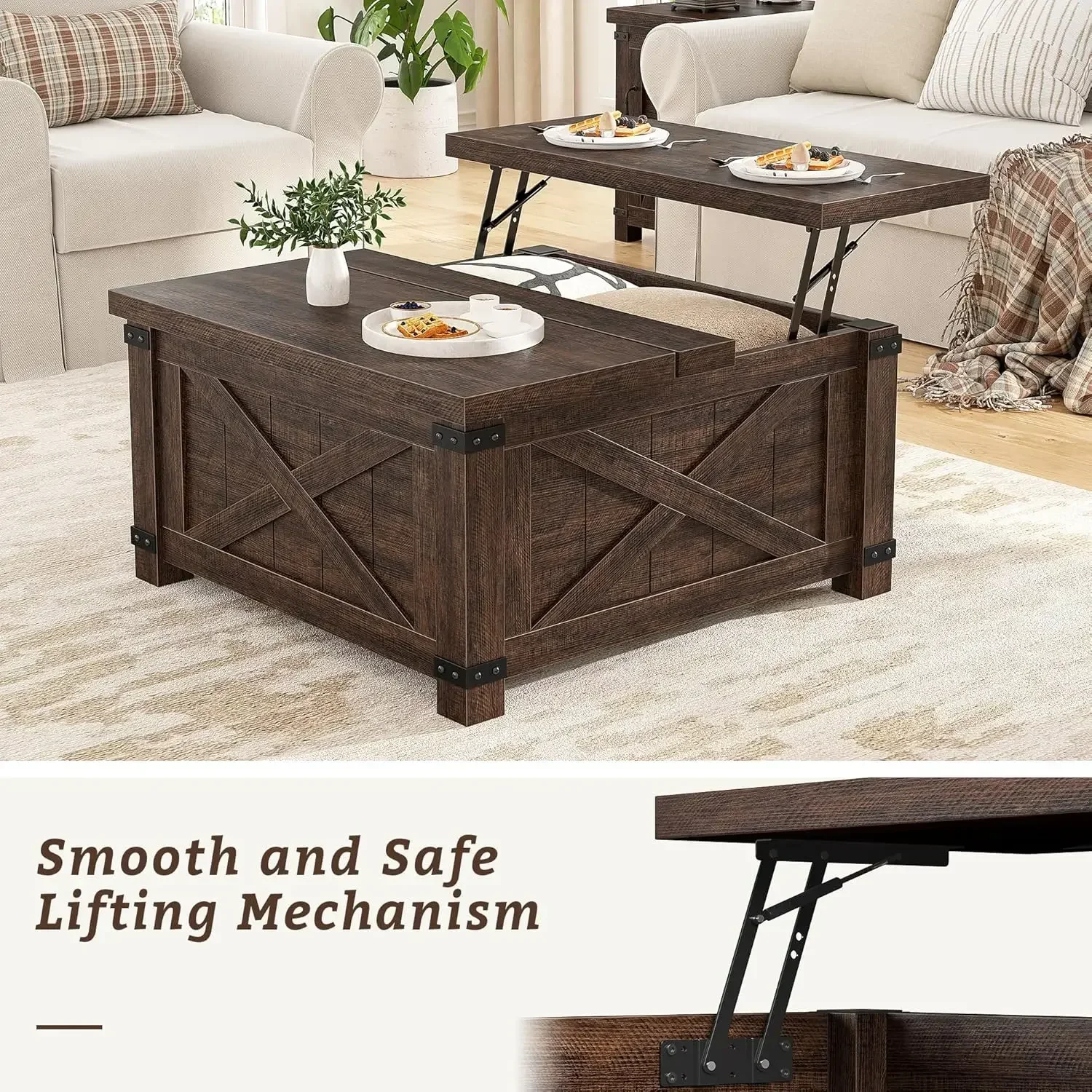 Farmhouse Coffee Table with Storage,Wood Center Table with Flip-Top Lids, Coffee Tables with Hinged Lift Top, Brown 5