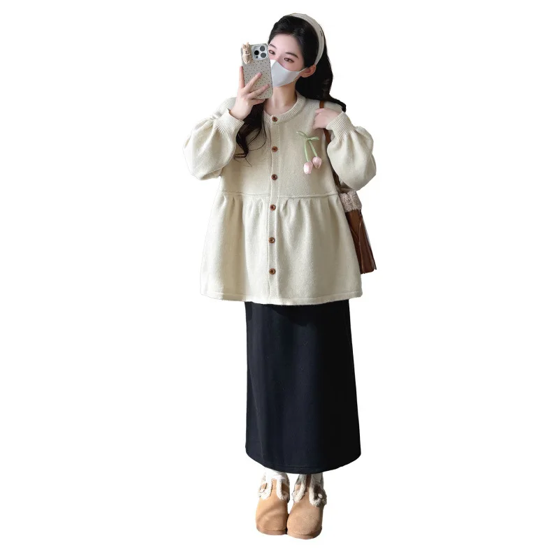 출산복 봄 가을 달콤하고 귀여운 꽃무늬 랜턴 슬리브 라운드넥 가디건 임산부 스웨터와 미디 스커트 투피스 세트
