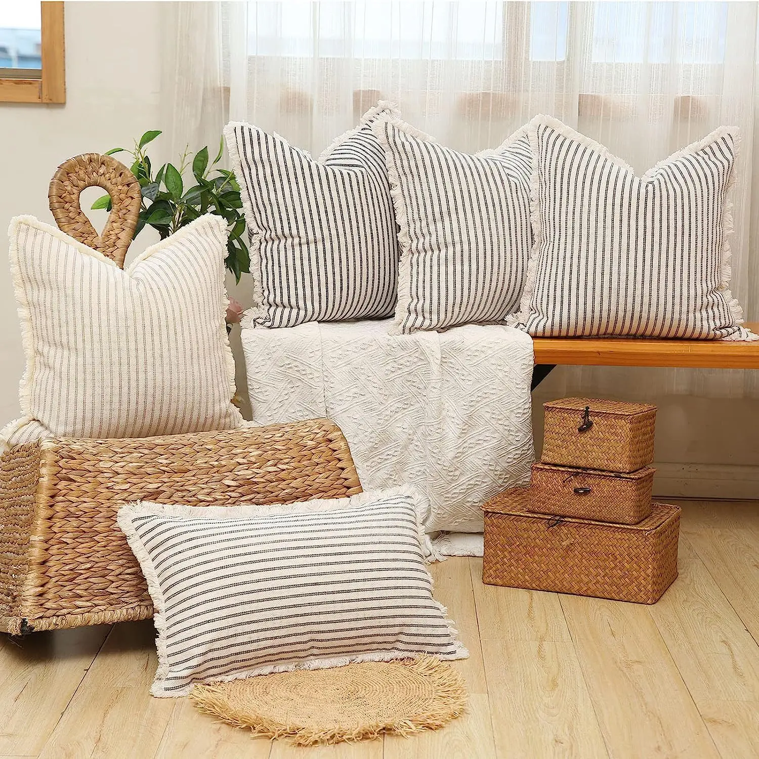 

Cotton and Linen All Around Tassel Cushion Cover Stripe Yarn-dyed Jacquard Pillowcase Home Decor Sofa Pillow Covers Decorative