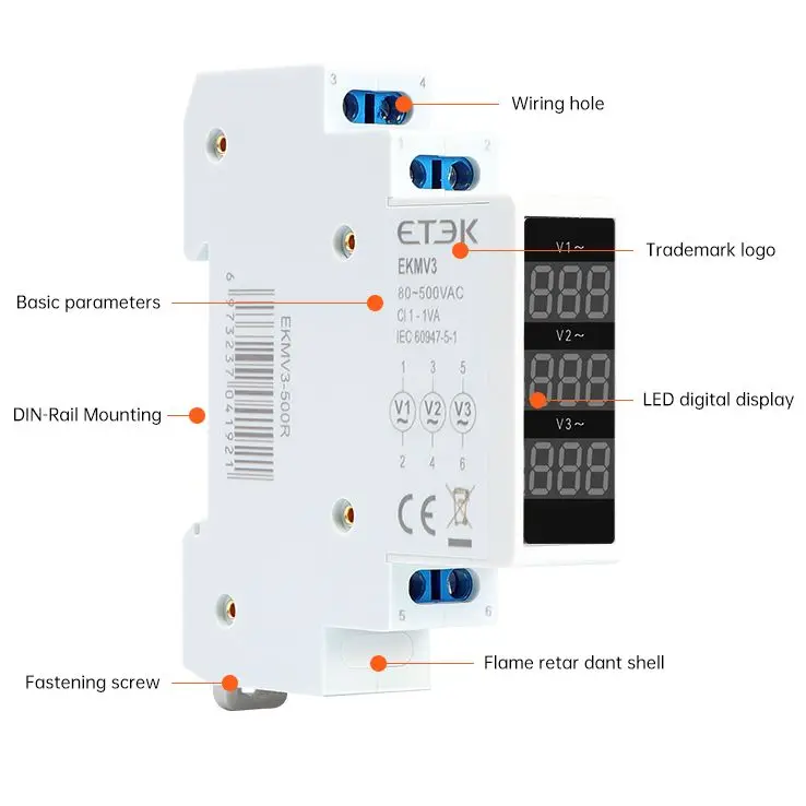 Modular Digital Voltmeter 18mm 3 phase AC80-500v  Mini Voltage Meter Din Rail  Voltagemeter Detector  EKMV3-500R Module
