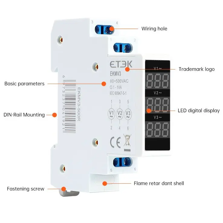 Voltmètre numérique modulaire 18mm 3 phases AC80-500V Mini Voltmètre Détecteur de tension pour rail Din Module EKMV3-500R