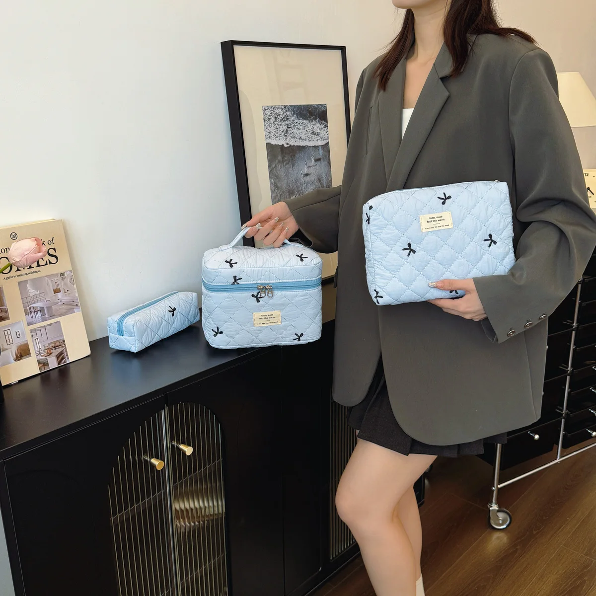 3pcs sets Cute Bow Flower Quilted Makeup Bag Women Cosmetic Organizer Female Handbag Portable Toiletry Case For Travel 6