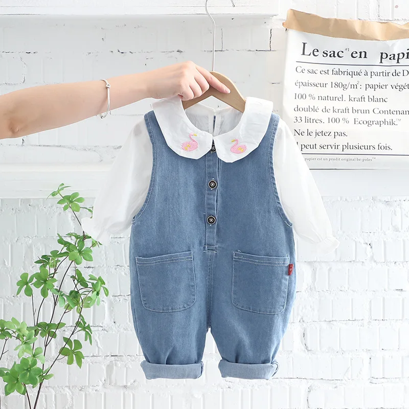 

Girls Clothes Sets Fashion Autumn Clothing New Baby Girl Cartoons Embroidered Lapel Long-sleeve Shirt Overalls 2-piece 1-4 Years