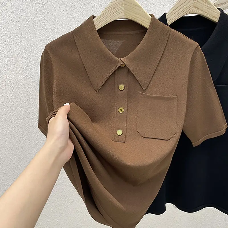 Elegant POLO Short Sleeve T Shirt Loose Pockets Design Thin Summer
