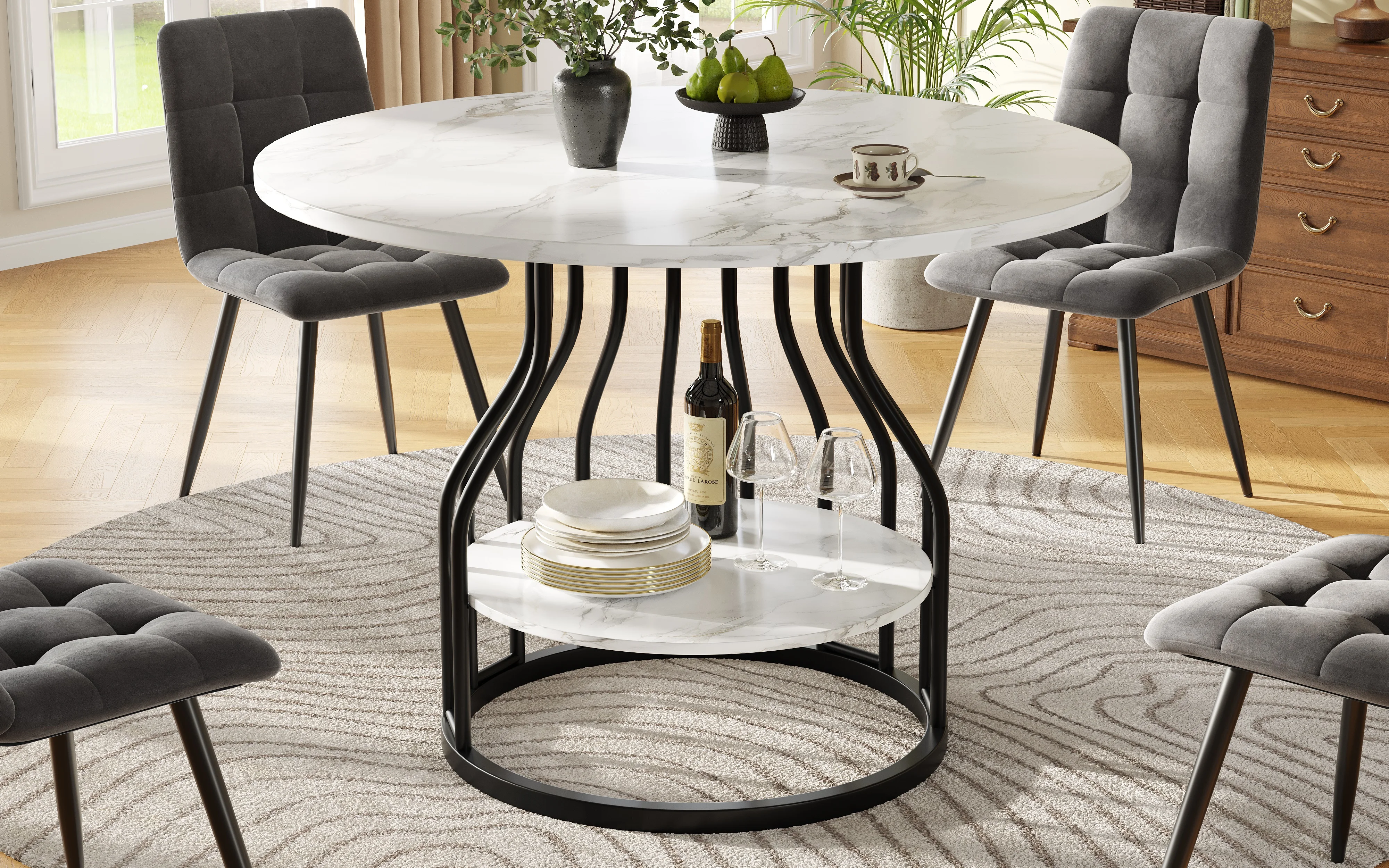 Runder Esstisch 80×80×76cm für 4 Personen, MDF-Marmorplatte, moderner Küchentisch, stabil, mit Stauraum, Schwarz – Detail 5