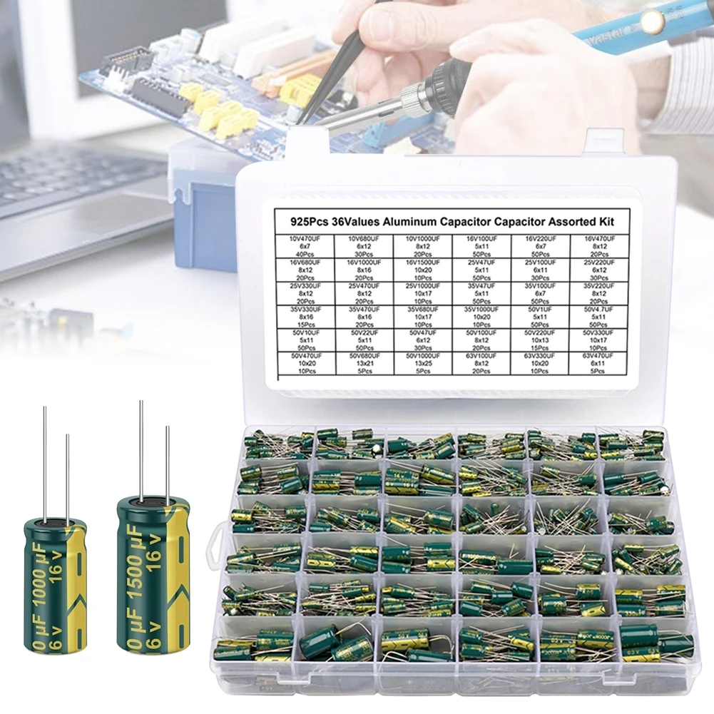 15/24/36 Values 225/460/925Pcs Variable Capacitors Assorted Kit High Frequency Low ESR Aluminum Electrolytic Capacitors 16V-50V