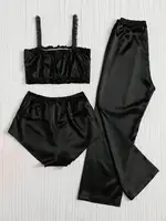 Black Color Pleated Satin Pajamas Set Including Camisole Shorts And Long Pants Silk Women Sexy Sleepwear Summer Lingerie Bra - Image 3