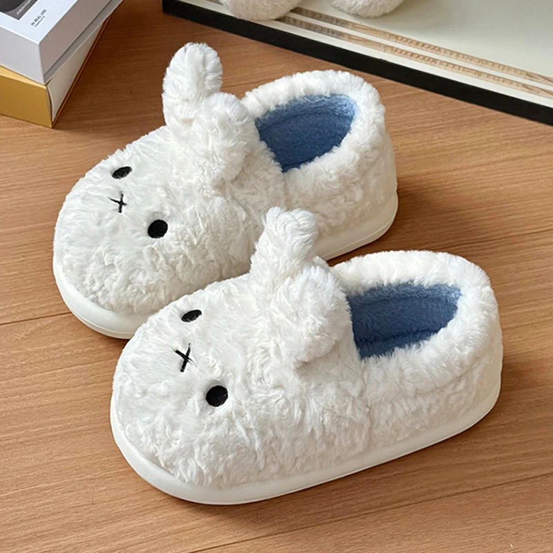 Lovely Lopunny Cotton Slippers for Women 2026 Indoor Thicken Plush Home Slippers Woman Winter Non Slip Soft Warm Slides Female