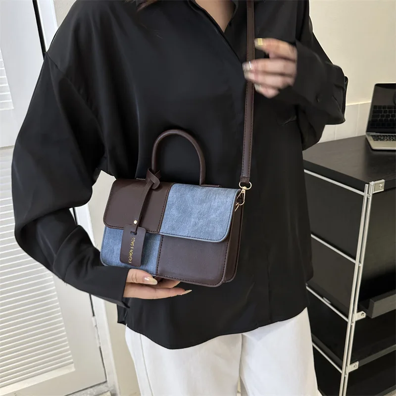 Denim Color Patchwork Shoulder Bags for Women PU Leather Mini Crossbody Bag England Style Handbags Ladies Female Purses New Flap