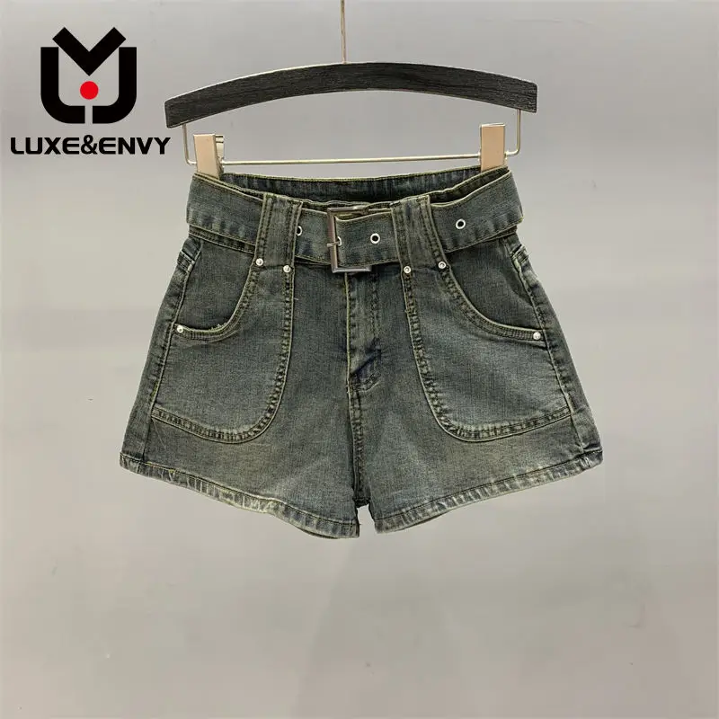 

LUXE&ENVY Old Denim Shorts Women New High Waisted Casual Leg Length Trendy A-line Hot Pants 2023 Autumn