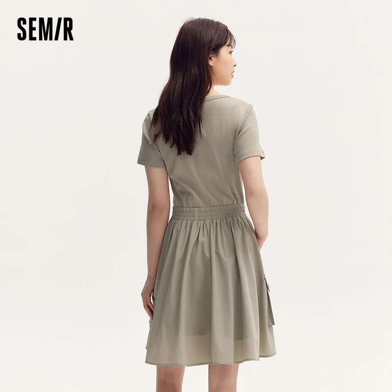 Dress Women Faux Two-Piece Design Versatile Summer New Square Collar Slim Fit Short Skirt Suitable For Petite