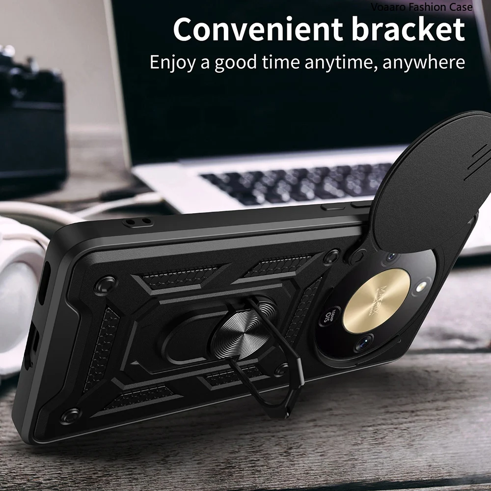 Magnetic Ring Stand Armor Case with Rotating Slide Lens Cover