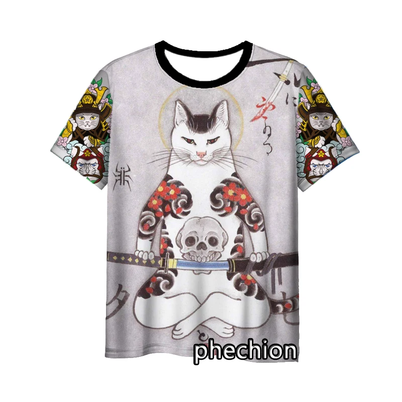 

phechion New Fashion Men/Women Samurai Cat Tattoo 3D Print Short Sleeve T-Shirt Casual Hip Hop Summer T Shirt Tops S176