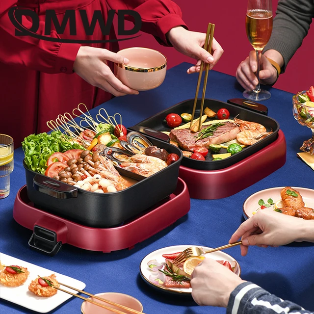 Kitchen 2 in1 Electric Smokeless Grill Hot Pot Barbecue Pan Frying Cooking  Tool 2200W 