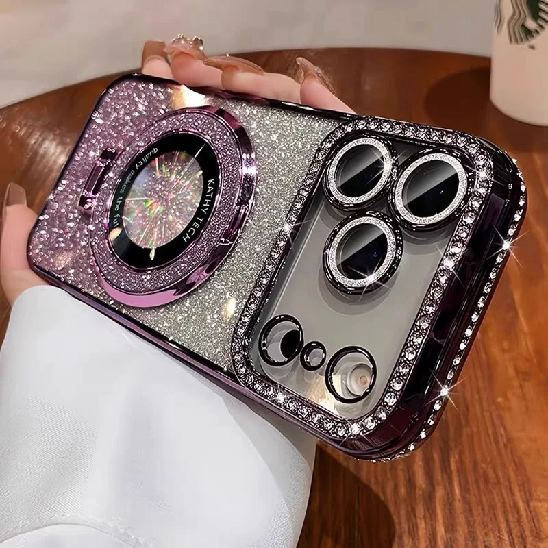 Luxury Diamond Gradient Glitter Ring Holder Phone Case with Plating Metal Bracket and Shockproof Cover