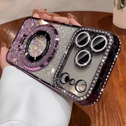 Luxury Diamond Gradient Glitter Ring Holder Phone Case with Plating Metal Bracket and Shockproof Cover - iPhone 15 (Purple)
