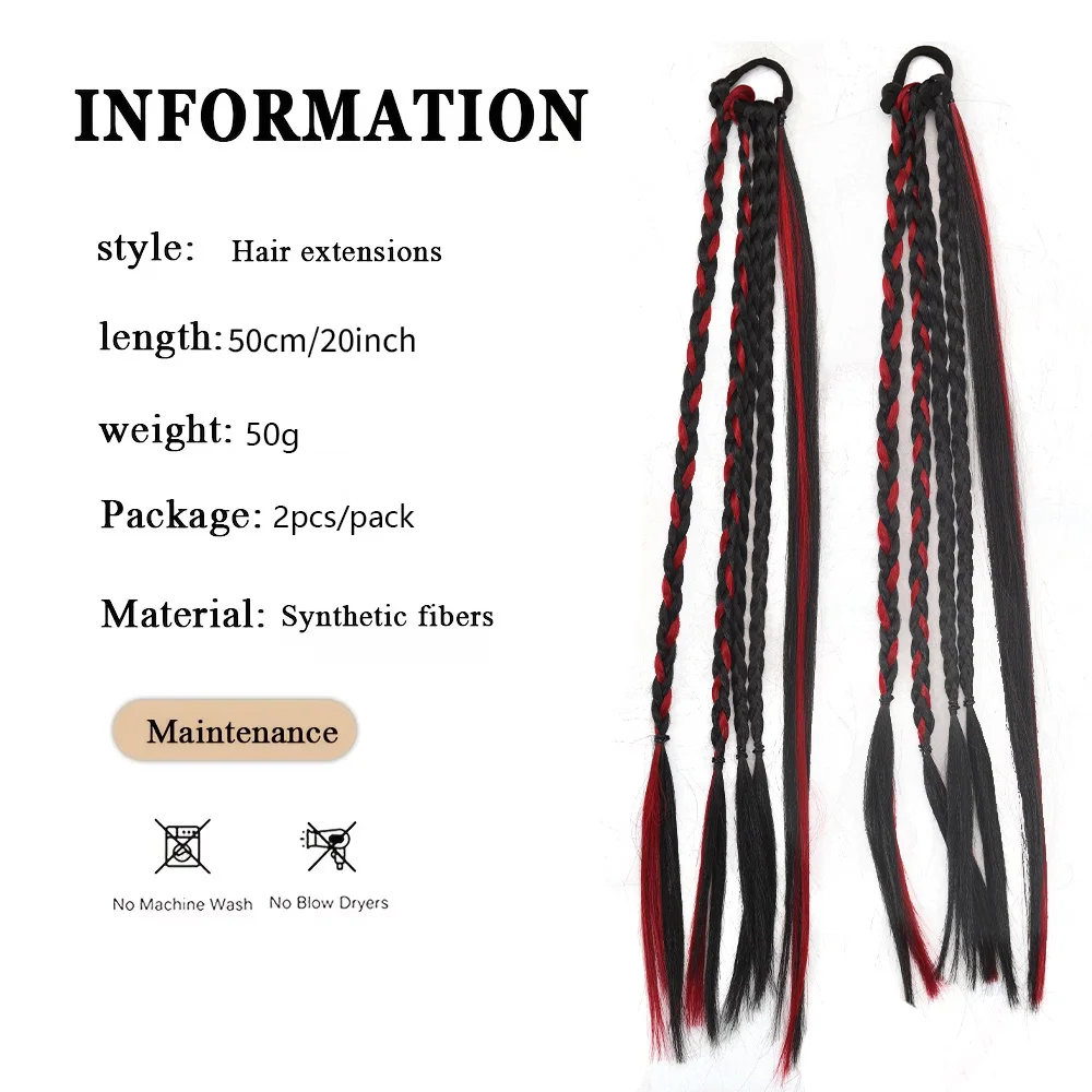 Extension per Coda di Cavallo Lunga Intrecciata, Estensioni di Capelli Sintetici, Treccine Colorate Rosso e Nero con Elastico, Accessorio per Capelli da Donna - immagine 2
