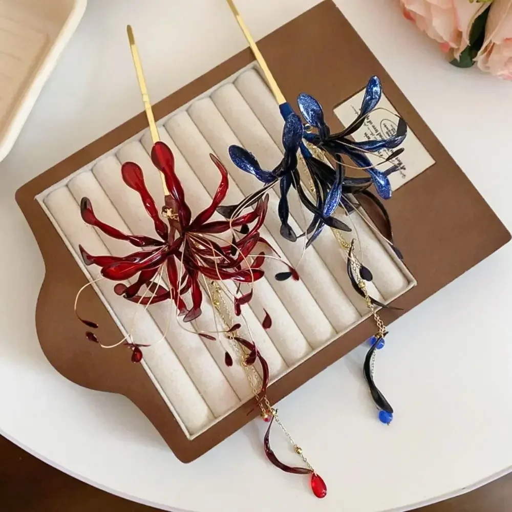 Chinese Style Spider Lily Flower Hair Sticks Super Fairy Vintage Dripping Oil Tassel Hairpins Wedding Hanfu Chopsticks