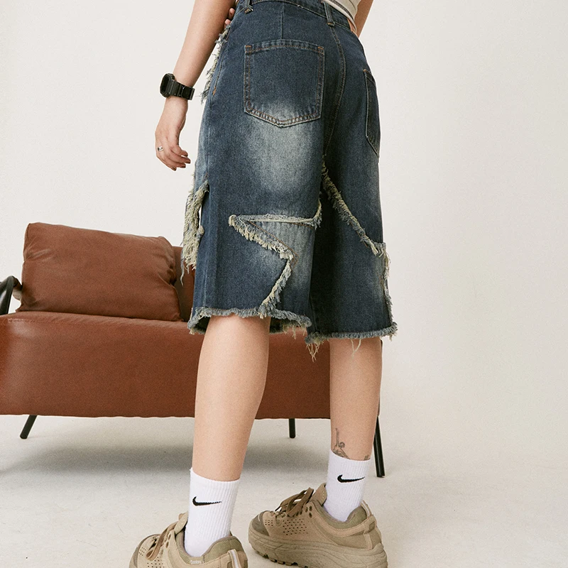 Harajuku Vintage Functional Embroidered Star Pattern Denim Shorts Men's Oversized Sunny Bermuda Casual Shorts College Pants Y2K