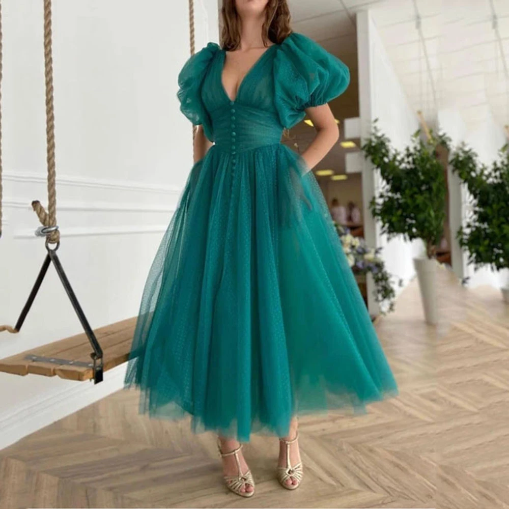 Emerald Green Dotted Tulle Evening Dress Puffy Sleeves V Neck Tea Length Prom Gowns With Pocket 2020 Vestido De Festa long sleeve evening gowns