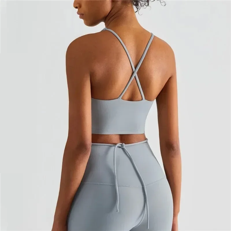 Lemon Sexy Tight Fitness Bra Tight Women Solid Color Gym Sports Top Yoga Vest Back Cross Straps With Chest Pad Workout Clothes