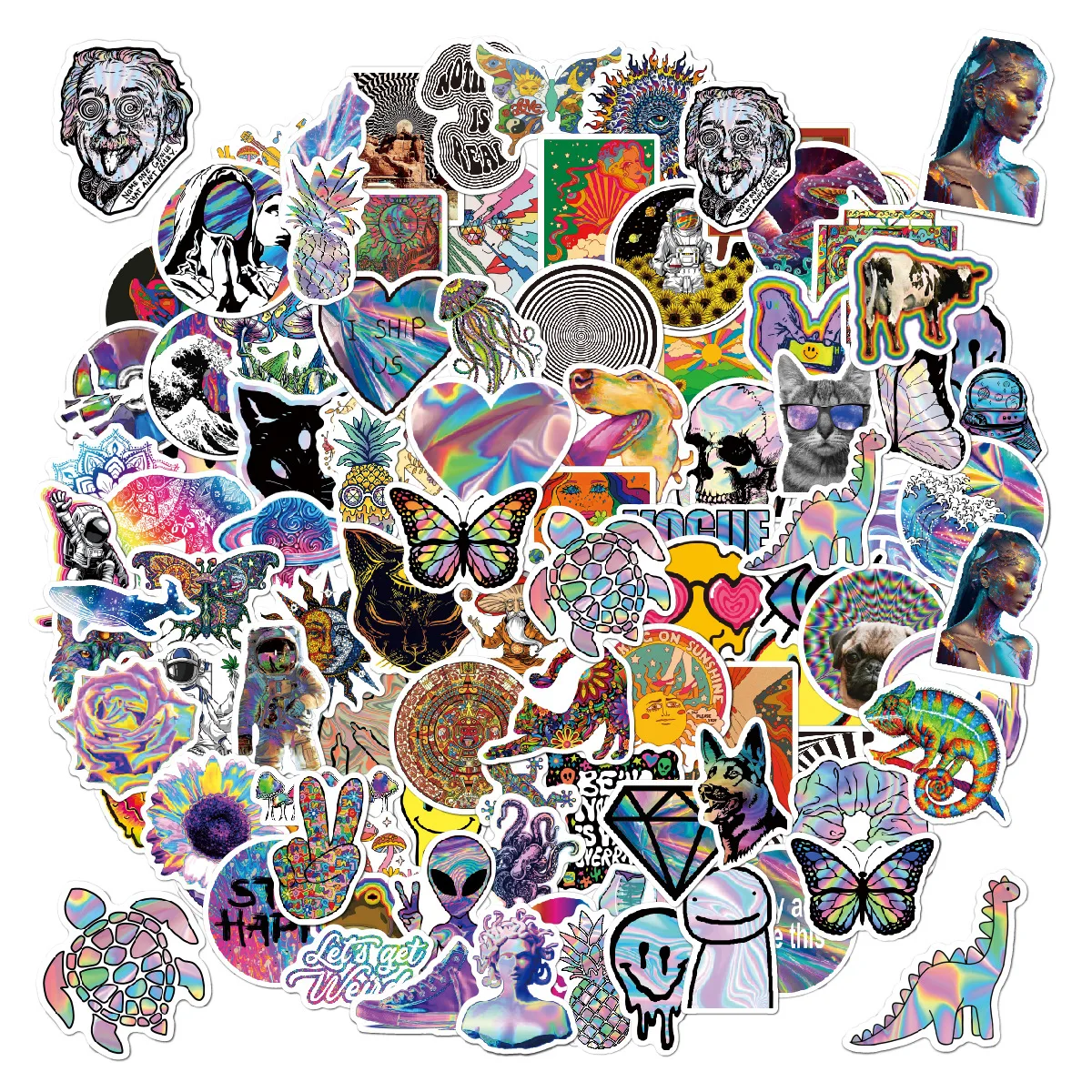 100Pcs Cartoon Psychedelic Holographic Laser Stickers for Laptop Skateboard  Guitar Fridge Vinyl Waterproof Trippy Stickers Decal