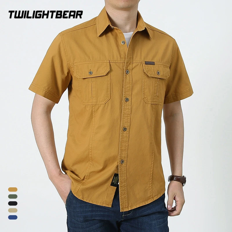 Men's Casual Short Sleeve Tooling Shirts Multiple Pockets Oversized 5XL