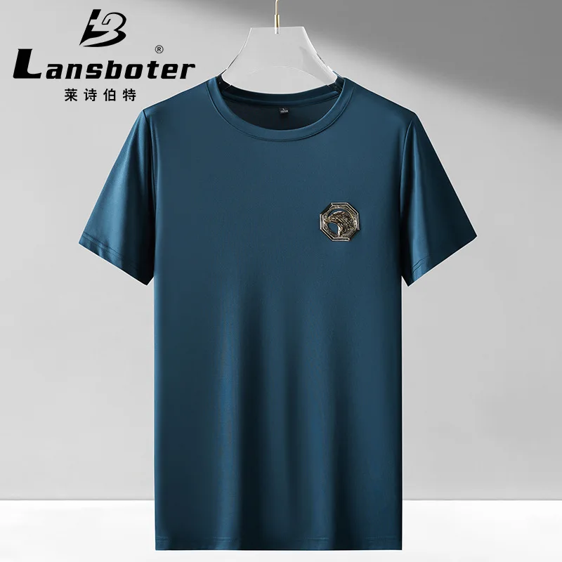 

Summer Navy Blue Embroidered Men's Short-sleeved T-shirt Youth Non-iron Mercerized Shirt Breathable Round Neck Half-sleeved
