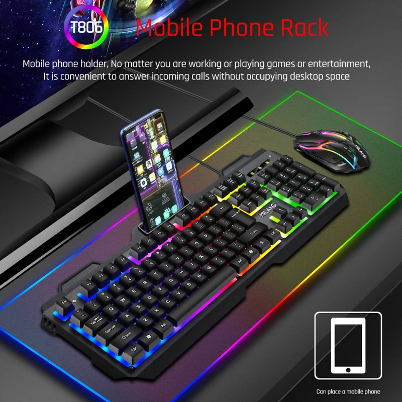 Mecânico Feel Wire Gaming Teclado e Mouse Grupo Usb Rgb Colorido Luminoso Ratos para pc Gamer Computador com Suporte para Telefone - Imagem 2