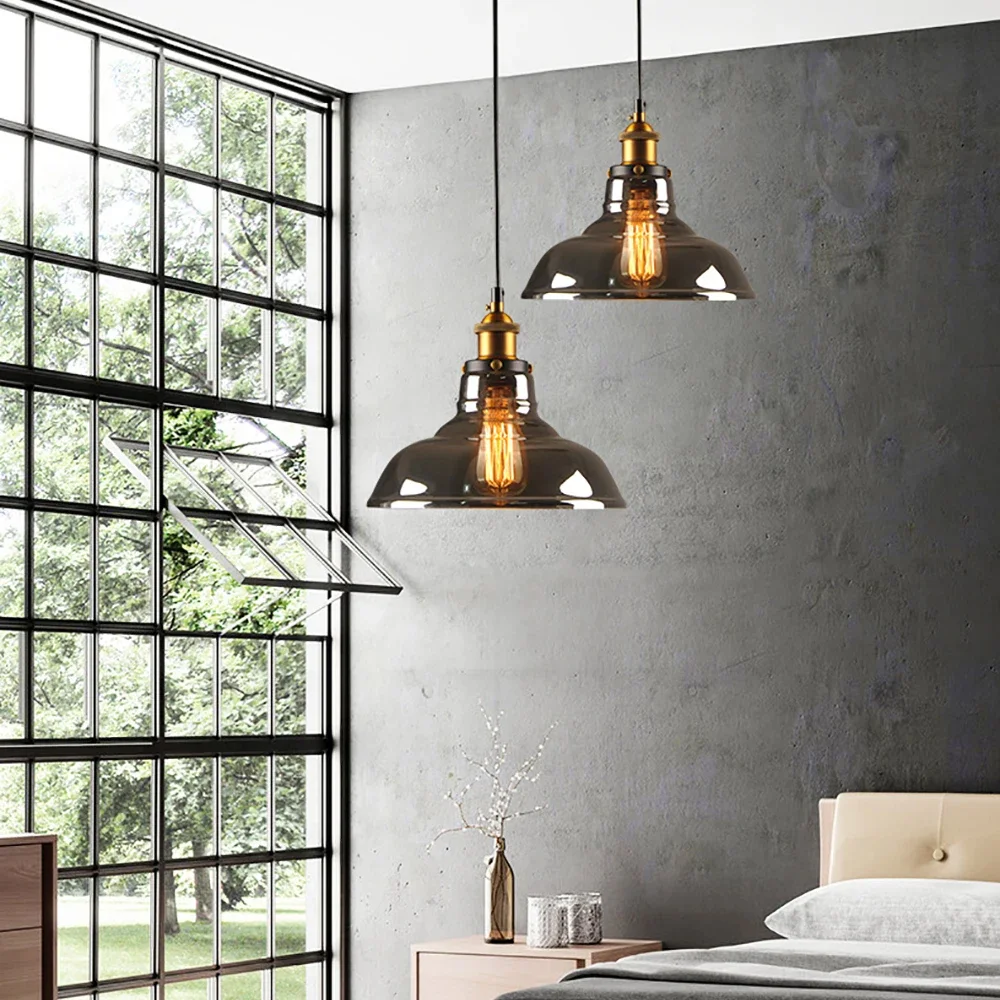 

Loft Restaurant Pendant Lights Industrial Smoky Glass Vintage Dining Lighting Retro Cafe Bar Hanging Lamp Industrial Lamps E27