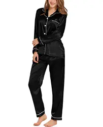 Elegant Women's Silk Satin Two-Piece Loungewear Set - XXL (Black)