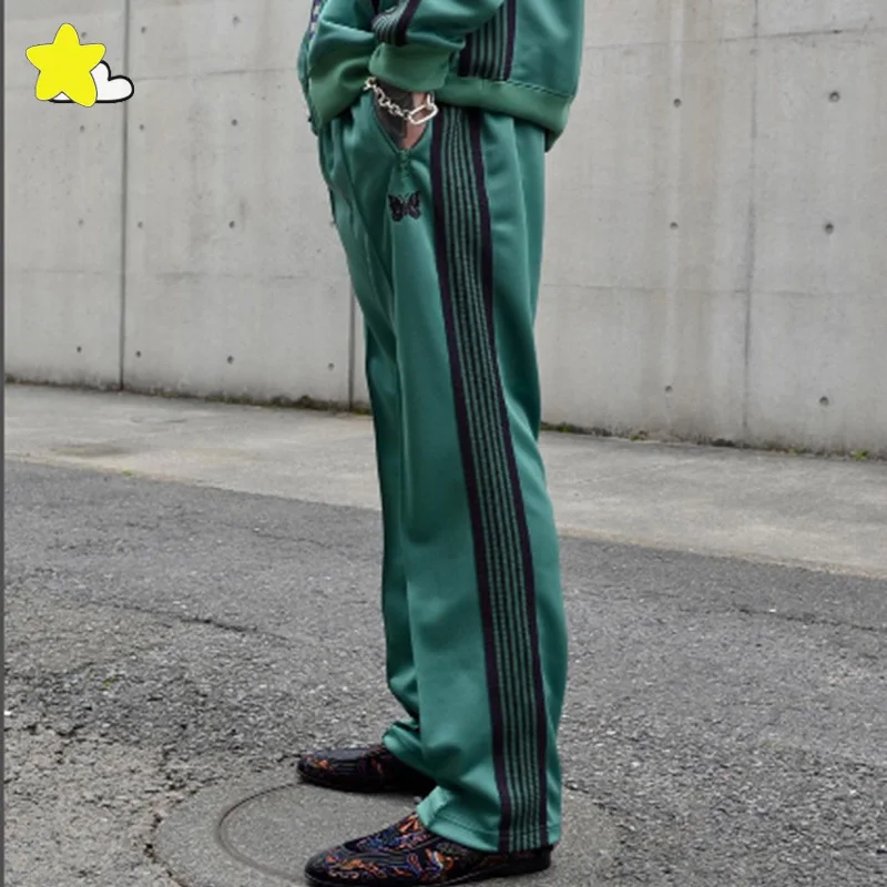 

Men Women Couple Drawstring Needles Casual Pants Top Quality Green Butterfly Embroidered Side Webbing Striped AWGE Sweatpants
