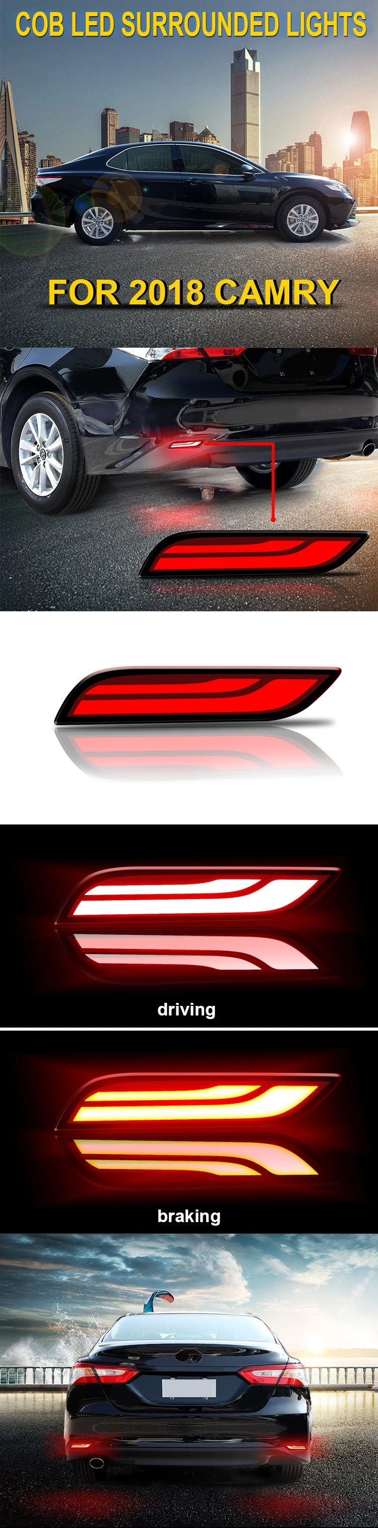 For Toyota Camry 2018-2024 2Pcs Car Led Rear Bumper Light Reflector DRL Dynamic Turn Signal Brake Flashing Lights 12V Daylights detail image 1