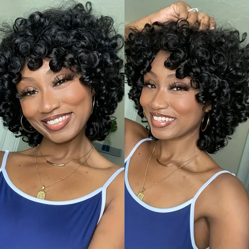 Pronto da indossare Funmi Parrucca corta riccia piena fatta a macchina con frangia Parrucche per capelli umani vietnamiti ricci sciolti senza colla per le donne 5