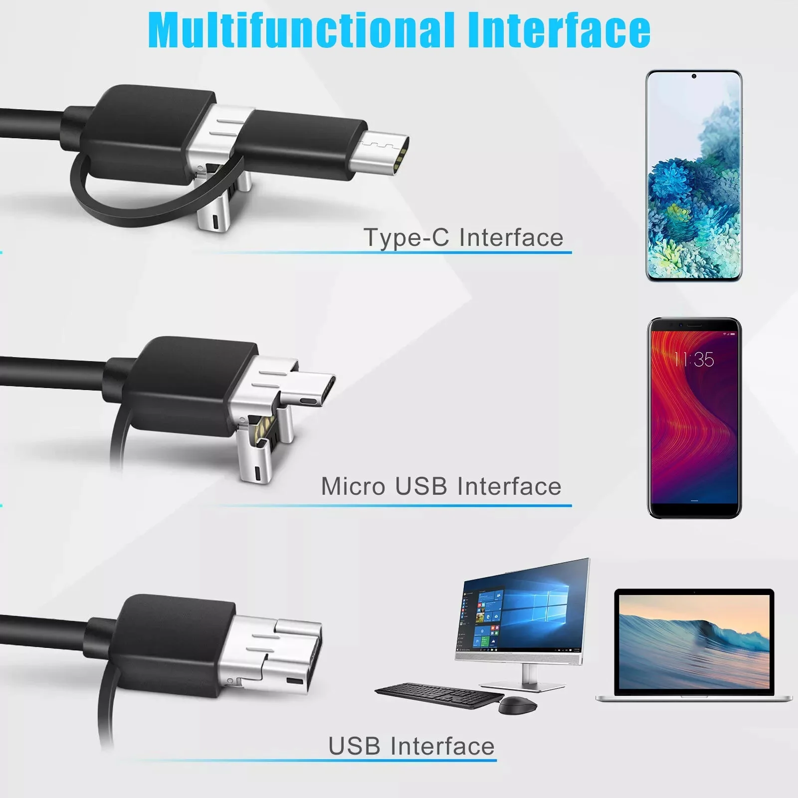 5.5MM Android Endoscope Camera 3 IN1 Micro USB Type C Borescope Mini Camera Waterproof LED Car Inspection For Android PC 2