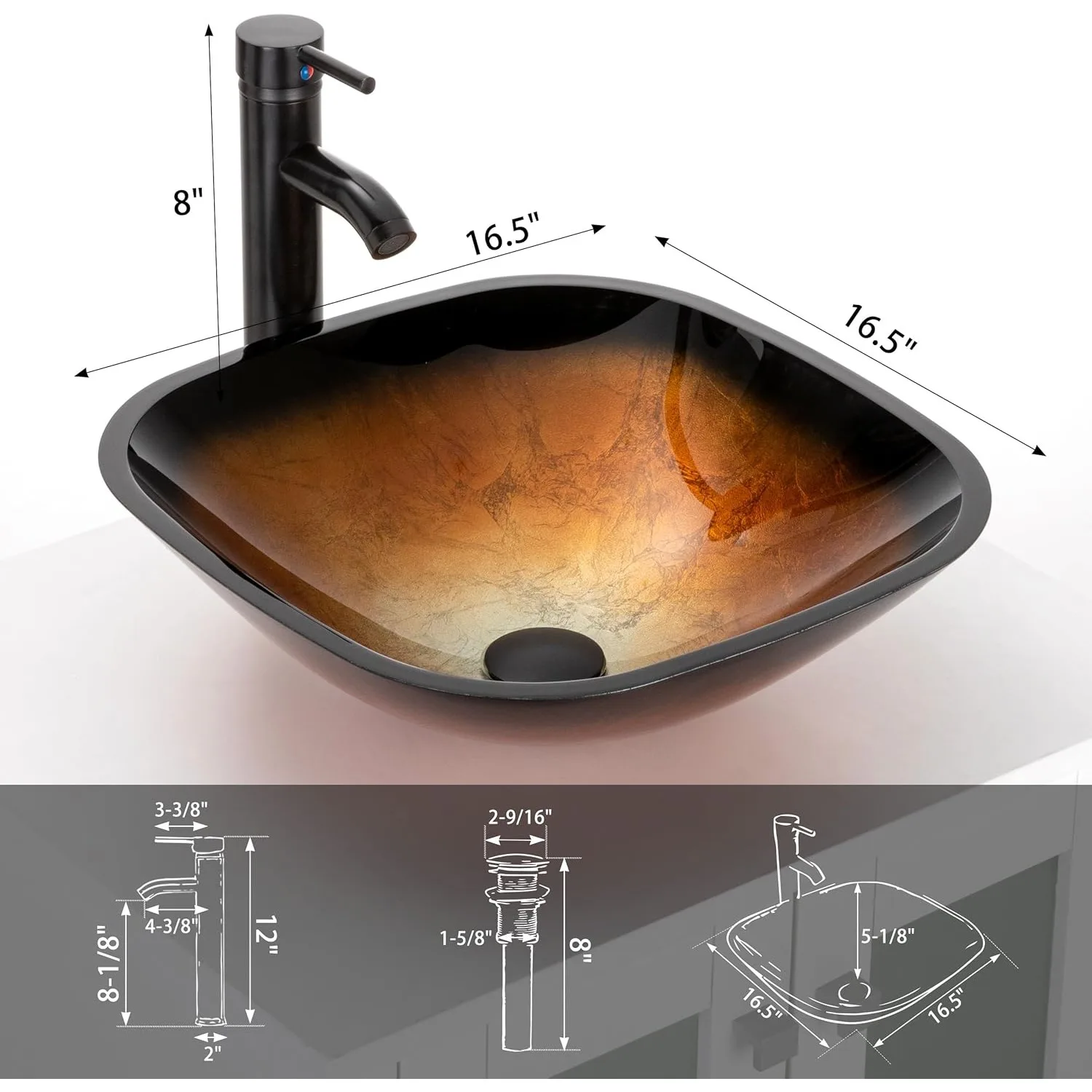 16.5" Bathroom Vessel Sink Artistic Single Tempered Glass Basin Countertop Bowl Sink, W/Water Save Faucet Pop Up Drain ﻿ 6