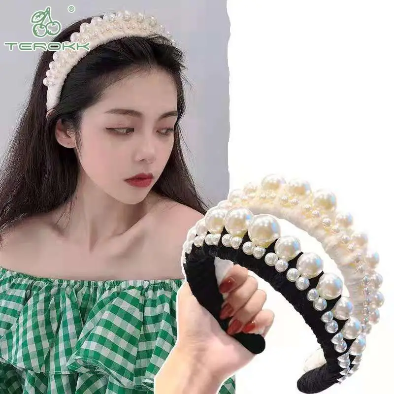 Fashion women pearl hair band hair hoop candy color french wide edge hairbands beaded pearl headbands accessories