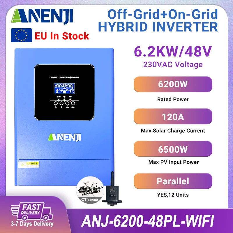 อินเวอร์เตอร์ไฮบริดพลังงานแสงอาทิตย์แบบขนาน 6.2KW 230VAC 48V MPPT อินเวอร์เตอร์พลังงานแสงอาทิตย์คลื่นไซน์บริสุทธิ์แบบออฟกริด 120A เครื่องชาร์จพลังงานแสงอาทิตย์ PV 500VDC 1