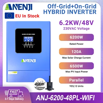 อินเวอร์เตอร์ไฮบริดพลังงานแสงอาทิตย์แบบขนาน 6.2KW 230VAC 48V MPPT อินเวอร์เตอร์พลังงานแสงอาทิตย์คลื่นไซน์บริสุทธิ์แบบออฟกริด 120A เครื่องชาร์จพลังงานแสงอาทิตย์ PV 500VDC 1
