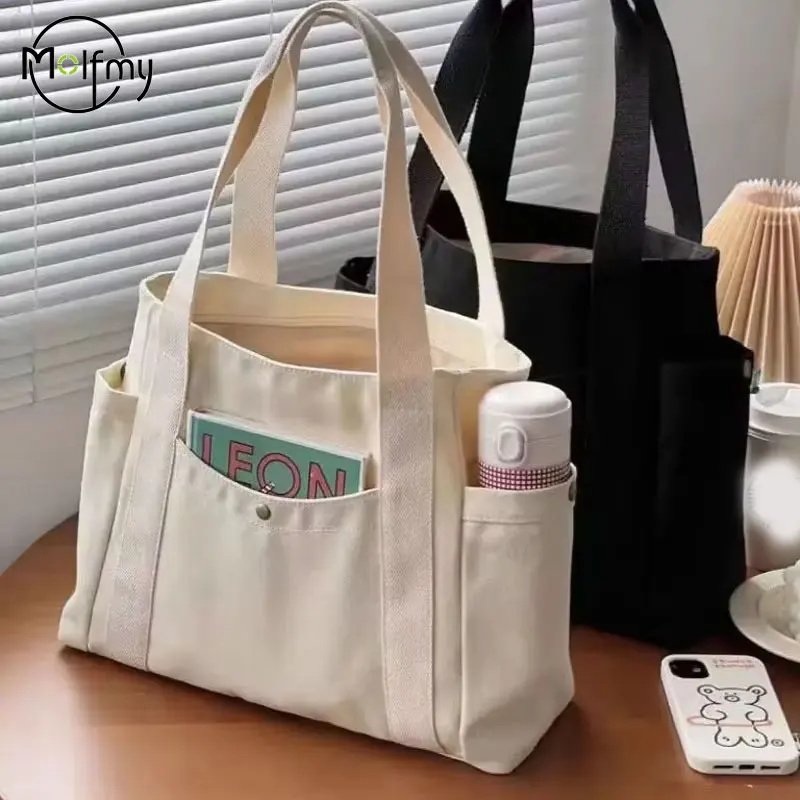 Spacious Multi-Pocket Canvas Tote Bag for Women - Versatile Handbag for Work, Class, and Shopping