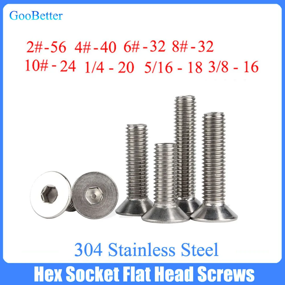 10/20/50/100Pcs Hex Socket UNC 2# 4# 6# 8# 10# 1/4 3/8 5/16 Flat Countersunk Head Bolts Stainless Steel Hexagon Machine Screws