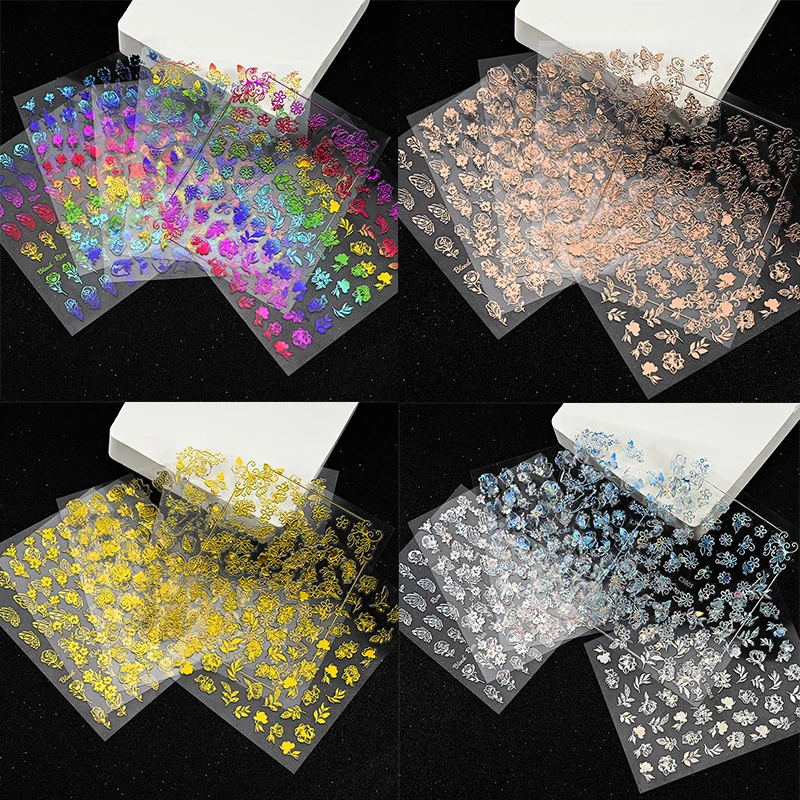 

Bronzing Flowers Nail Art Stickers Set Holographic Butterfly Leaves Slider 3D Manicure Self Adhesive Luminous Decals For Nails