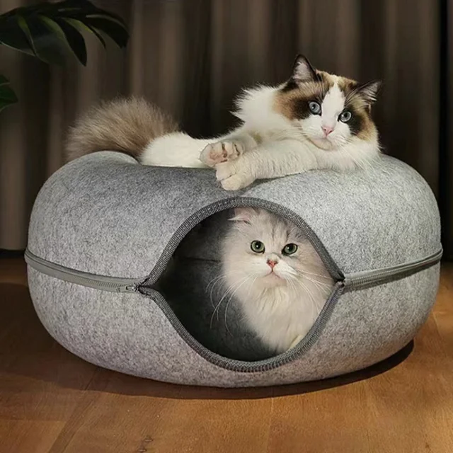 Wool Felt Cat Tunnel Nest – Modern Style Uncharged Donut Bed, Detachable & Washable All-Season Cat House, 1pc Cozy Cat Condo 4