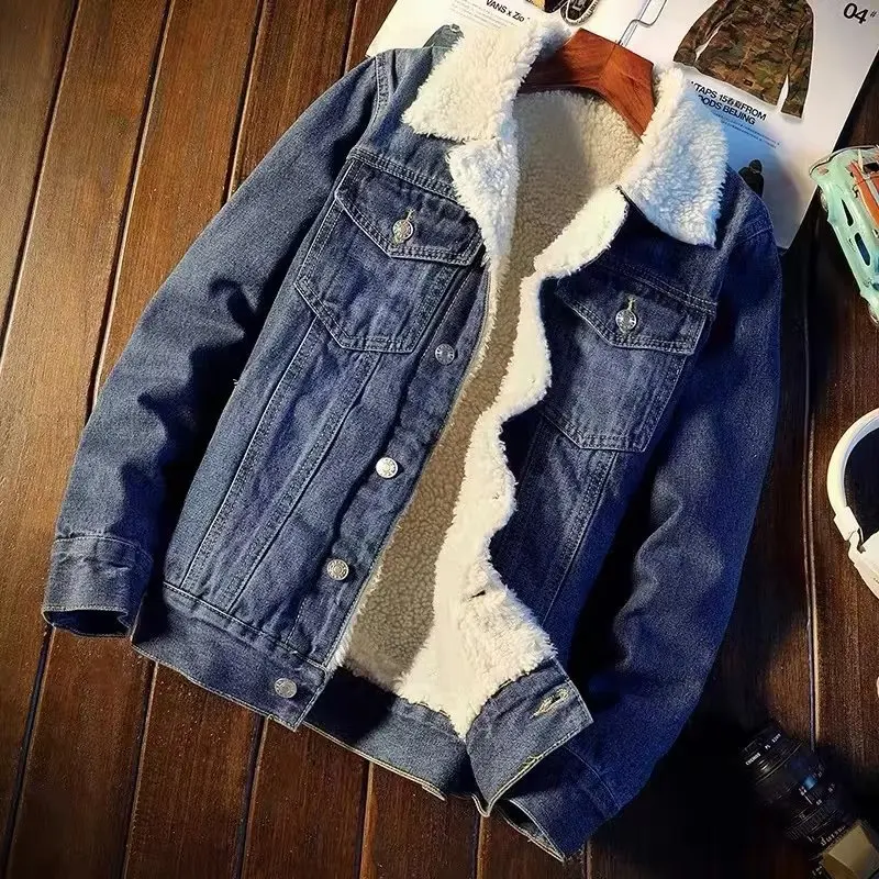 Winter Retro Fleece Denim Jacket Men's Youth Korean Style Thickened Jacket