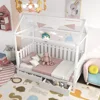 Solid Wood Twin Size House Bed Frame with Roof/Drawers/Fence-Shaped Guardrail, House Bed Platform Bed for Kids,Teens 1