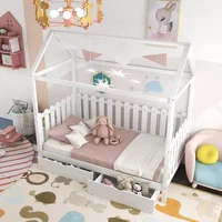 Solid Wood Twin Size House Bed Frame with Roof/Drawers/Fence-Shaped Guardrail, House Bed Platform Bed for Kids,Teens 1