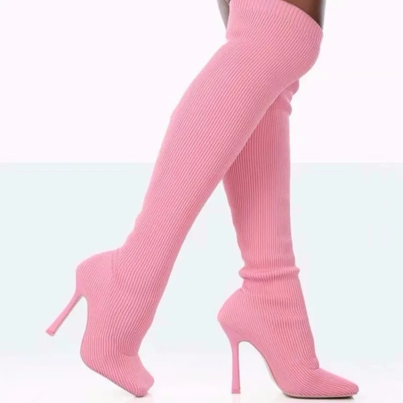 

New Stiletto Square Toe Boots Knitted Elastic Socks Boots High Heel Stovepipe Sleeve Over The Knee Boots Large 35-43